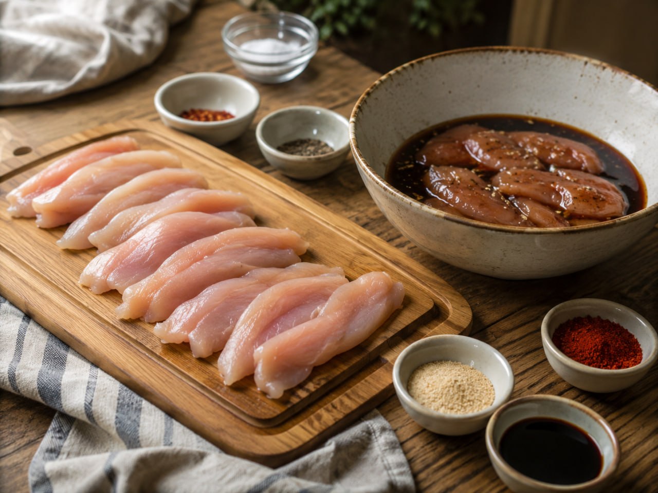 нарезка и маринование куриных ломтиков для чипсов